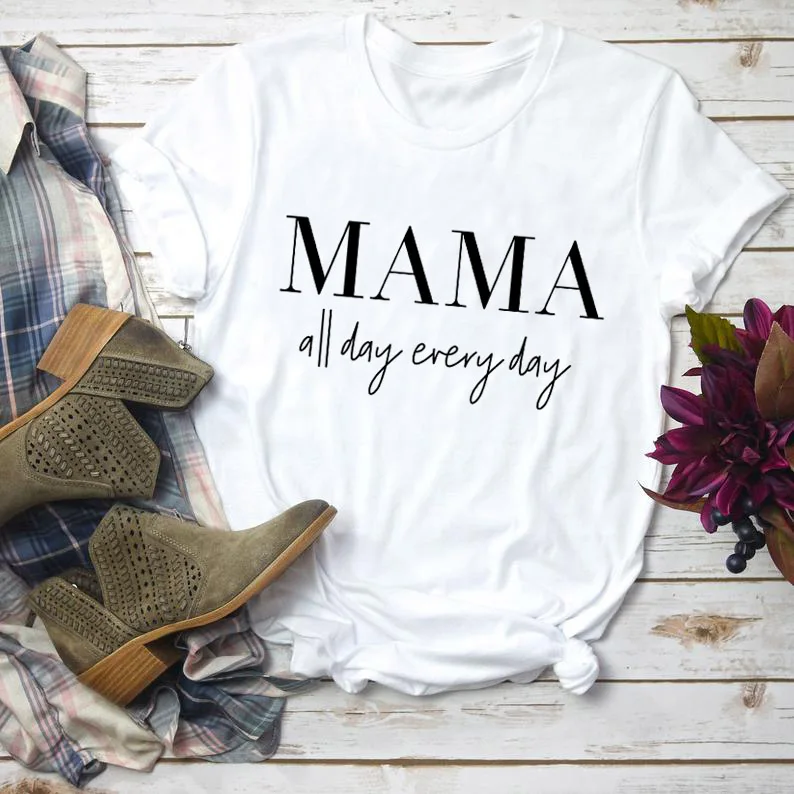 MAMA all day every/футболка Tumblr 90 s, повседневная хипстерская футболка унисекс, стильный топ с короткими рукавами, верхняя одежда с надписью Mama, модная футболка для девочек - Цвет: white tee black text