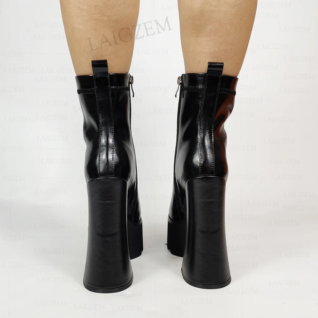 Ankle Boots Natural Leather Platform Side Zip Up Chunky Thick High