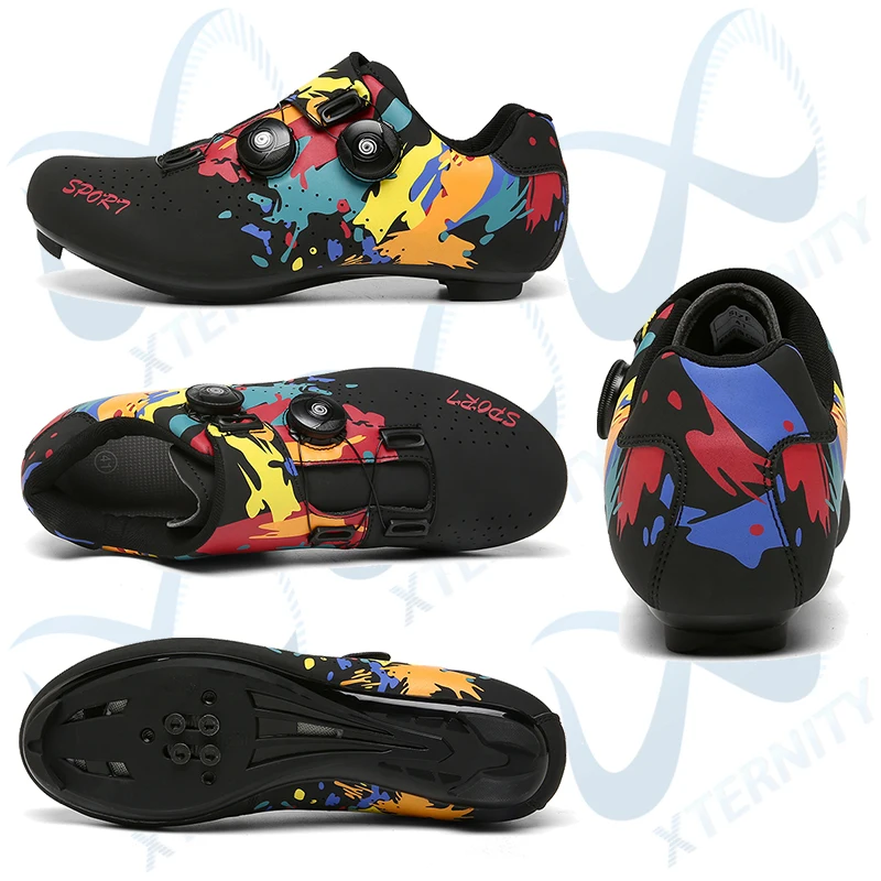 Cycling Shoes Double Buckle Graffiti Racing Bicycle Cleat Professional Self-Locking MTB Bike SPD