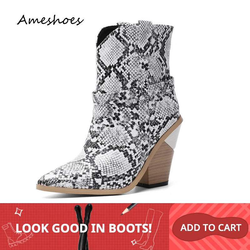 

Women Short Ankle Boots Wedges High Heels Snake Print Pointed Toe Female Winter Short Plush Western Boots Shoes BT13