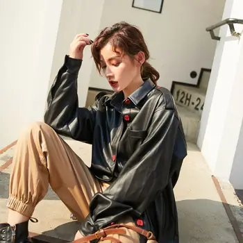 

Black Faux Pu Leather Coat Plus Size Women Vintage Red Button Big pocket motorcycle Leather Jacket 2020 Spring Autumn Streetwear