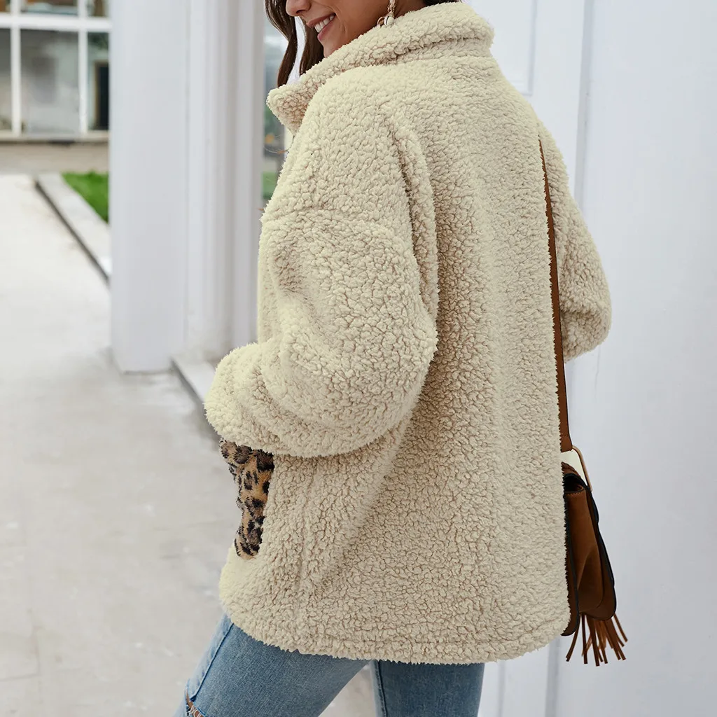 Jaycosin Fashion Women Winter Loose Wild Leopard Print Fleece Coat Stylish Long Sleeve Comfortable Soft Cardigan Zipper Coat22#4