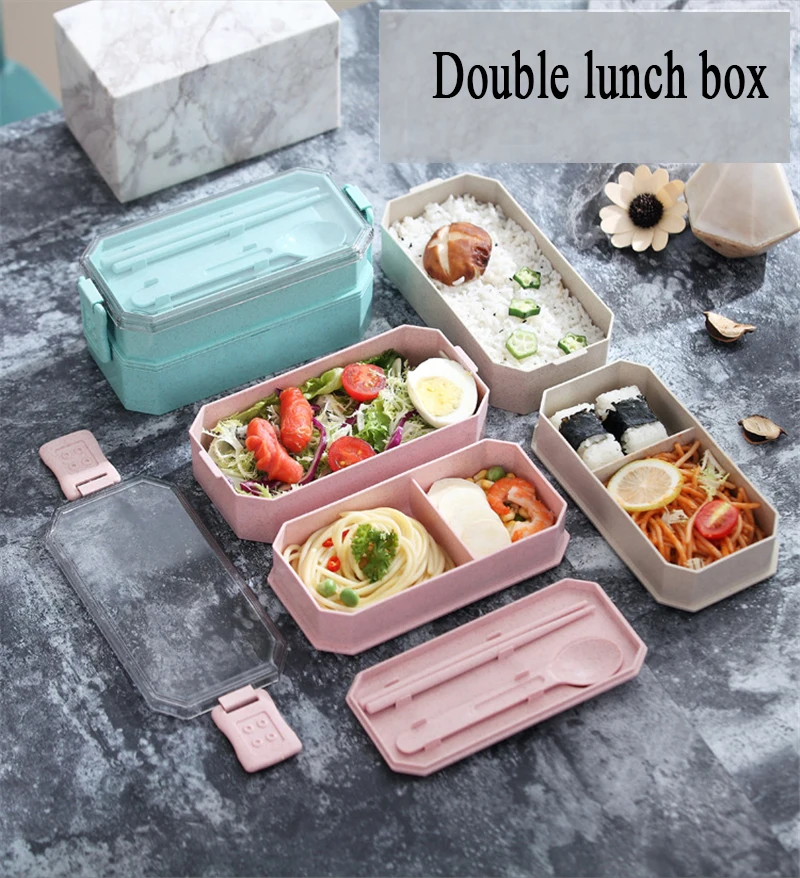 800ml Wheat Straw Double Layers Lunch Box With Spoon Healthy Material Bento Boxes Microwave Food Storage Container Lunchbox