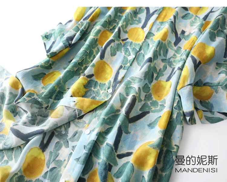 Women's 100% Silk Blue Print Button Down Long Thin