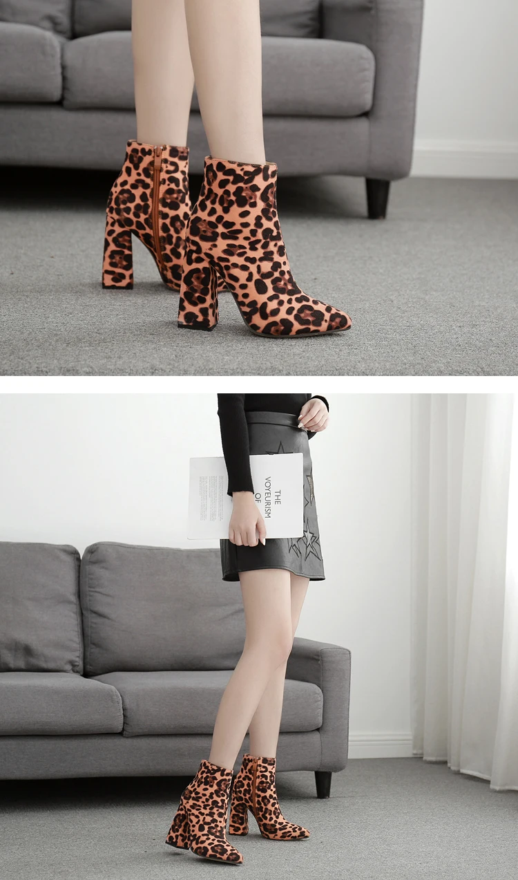 Eilyken/женские зимние ботильоны из флока; модные женские ботинки «Челси» с острым носком, на молнии, с леопардовым принтом; большие размеры 35-42