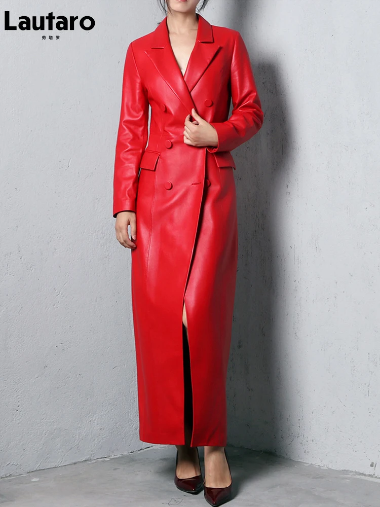 

Lautaro Spring Autumn Extra Long Red Soft Faux Leather Trench Coat for Women Double Breasted Luxury Elegant British Fashion 2022