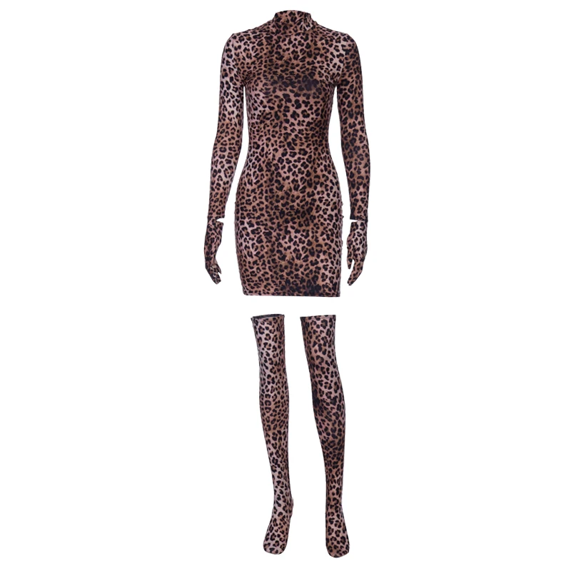 Hugcitar Леопардовый принт сексуальные мини платья с перчатками носки осень зима женское уличная одежда Клубные вечерние рождественские наряды