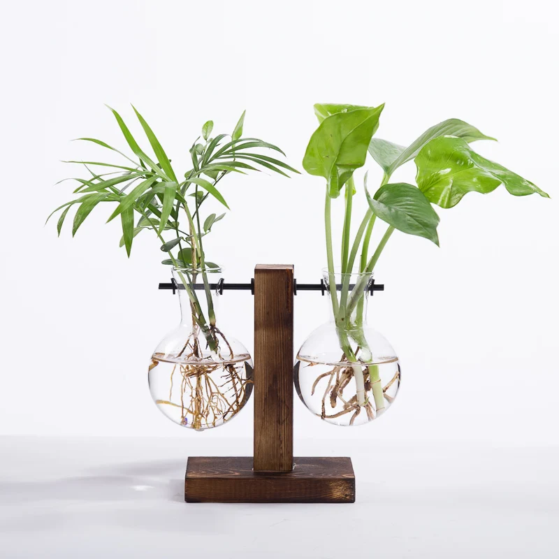 Винтажная деревянная гидропонная подставка для вазы, настольная Цветочная стеклянная лампа, ваза для растений, украшения для рабочего стола офиса