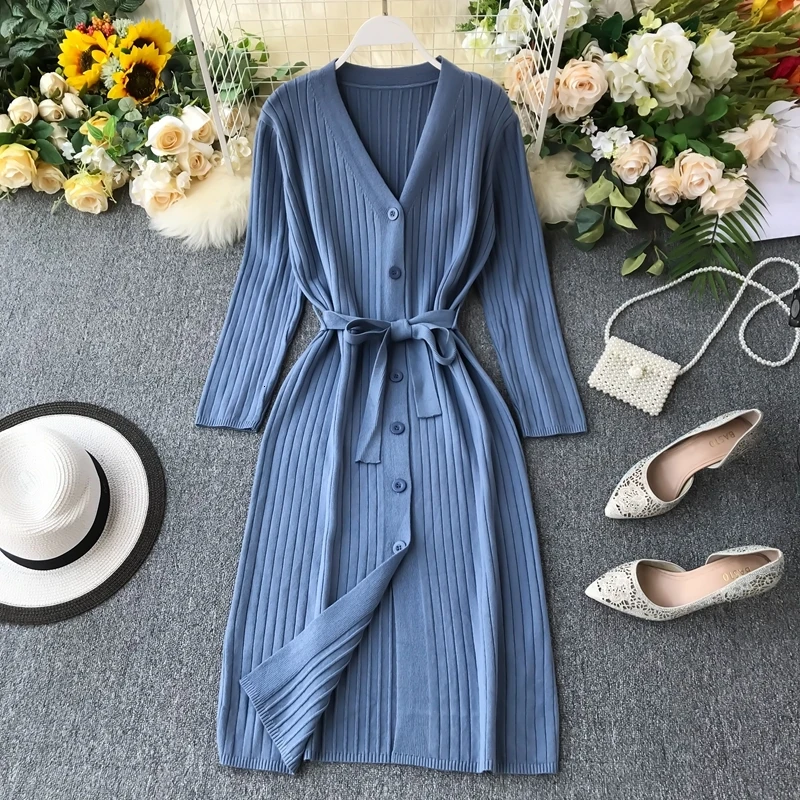 

High Quality Slim Soft V Neck Button Autumn Winter Knit Sweater Midi Long Dress Party Women Casual Tie Long Sleeve Dress Vestido