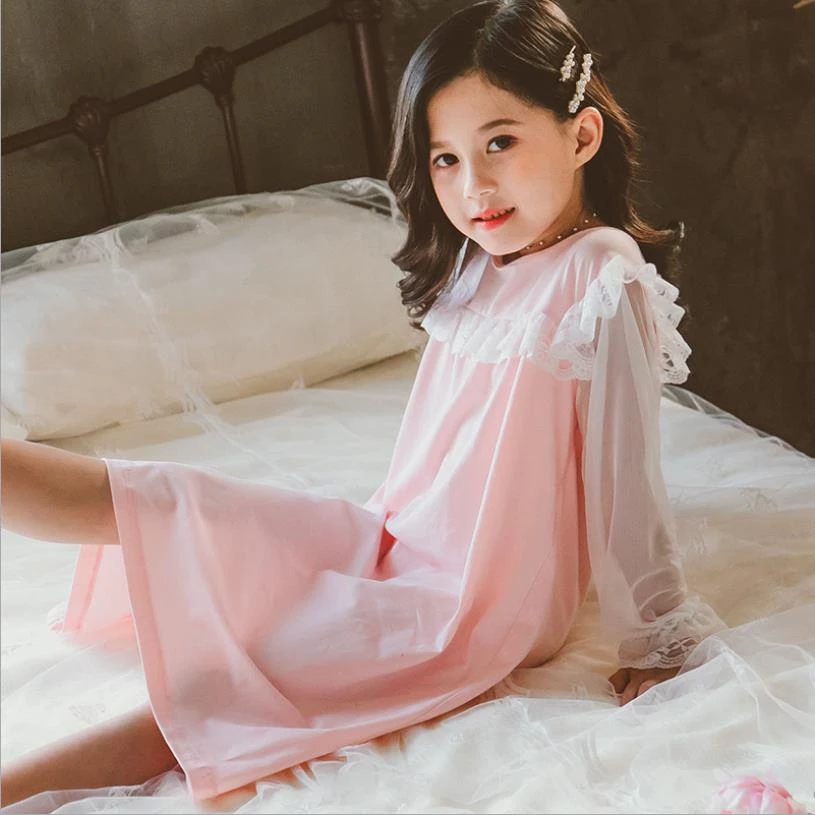 Girls baby long sleeve palacess style sleep dress lace patchwork pink pricess home clothes children cotton sleep wear  ws1393 Sleepwear & Robes comfortable