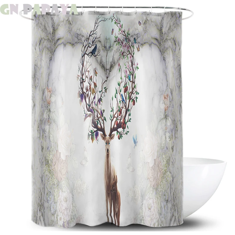 

Dreamy elk flower grey macrame Bath Curtains Waterproof Polyester Fabric retro grey animal Shower Curtains Screen with Hooks