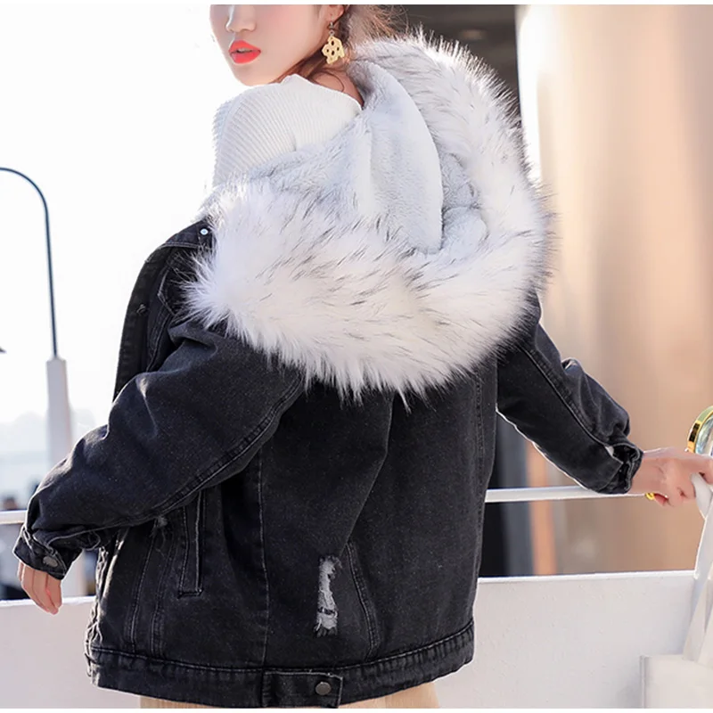 Женская джинсовая куртка с мехом, зимнее бархатное пальто с капюшоном, женский воротник из искусственного меха, стеганые теплые куртки для женщин, Прямая поставка