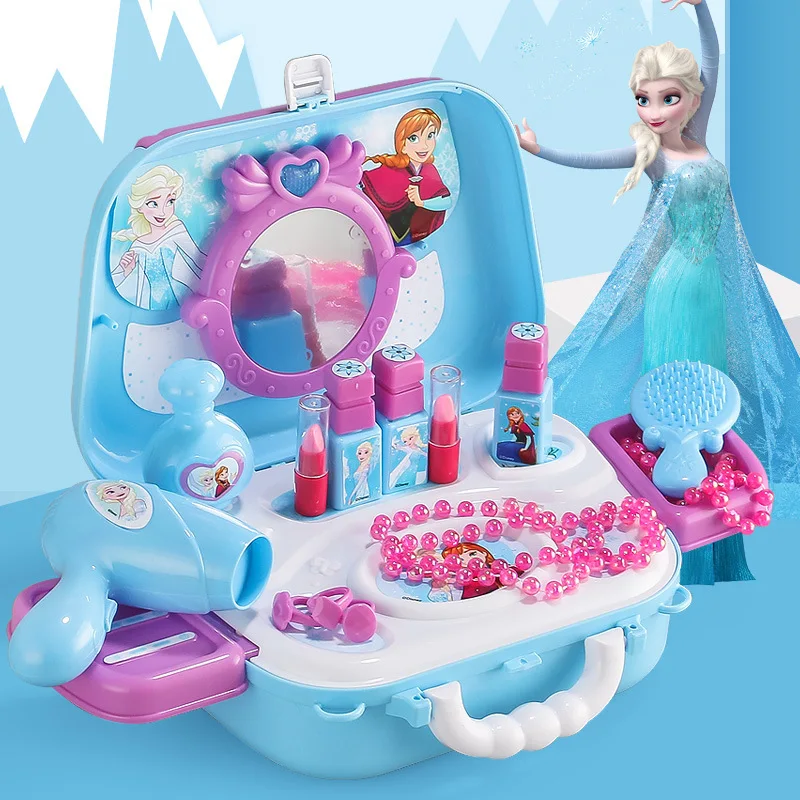  Elsa And Anna Makeup Set Cosmetics Storage Box Fashion House Simulation Makeup Dresser Toy Beauty P