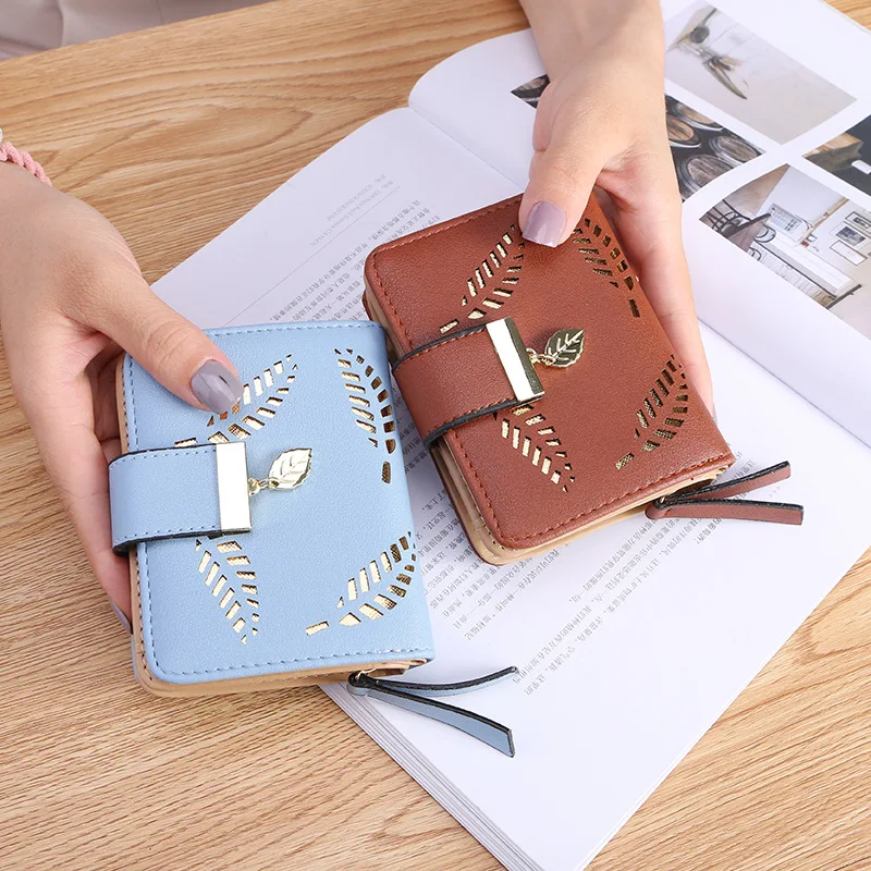 

Women Wallet Fashion Purse Female Short Wallets Hollow Leave Pouch Handbag For Women Coin PU Leather Purses Card Holder Carteira