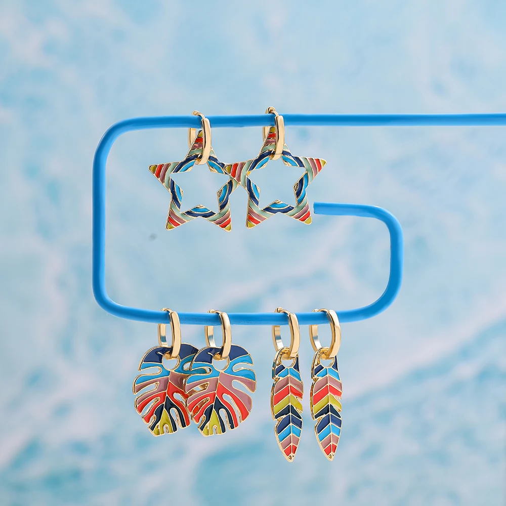 Bohemia Rainbow Leaf Pendant Drop Earrings For Women Multicolor Enamel Lovely Heart Star CZ Huggie Earrings Charm Jewelry