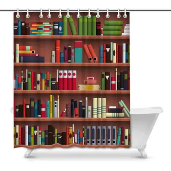 

Funny Book Shelves Library Bookshelves Waterproof Fabric Shower Curtain Set for Bathroom with Hooks, 66(Wide) x 72(Height)