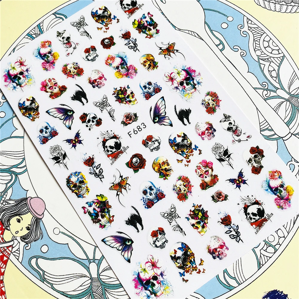 

F-614 F-615 F-616 F-682 F-683 Halloween Skull head clown 3D Back glue Nail Art Stickers Decals Sliders Nail ornament decoration