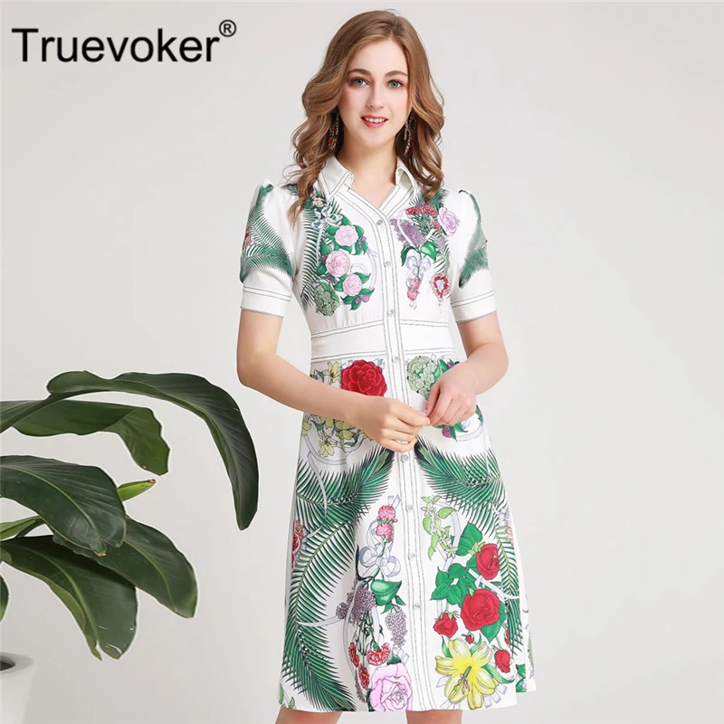 

Truevoker Summer Designer Resort Dresses Women's Short Sleeve Noble Colourful Flower Printed Mini Vestidoes