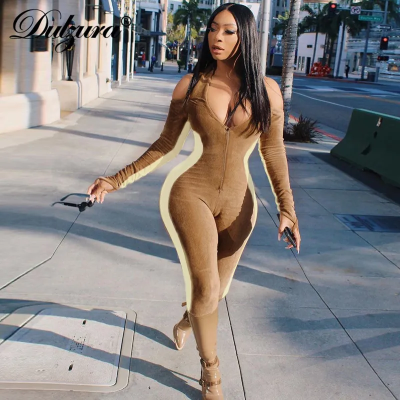 Dulzura velvet stripe women jumpsuit halter long sleeve gloves zip off shoulder elegant v neck bodycon sexy streetwear sports |
