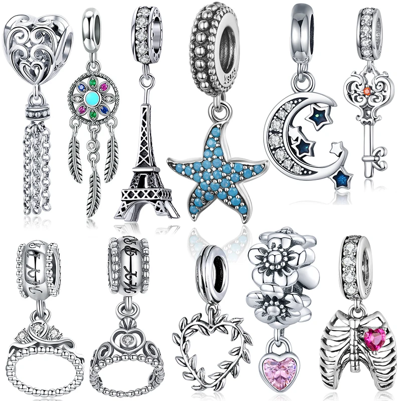 BISAER Starfish Moon Charms 925 Sterling Silver Summer Sea Starfish Moon STARS Pendants Charms Fit Bracelet Beads Jewelry Making