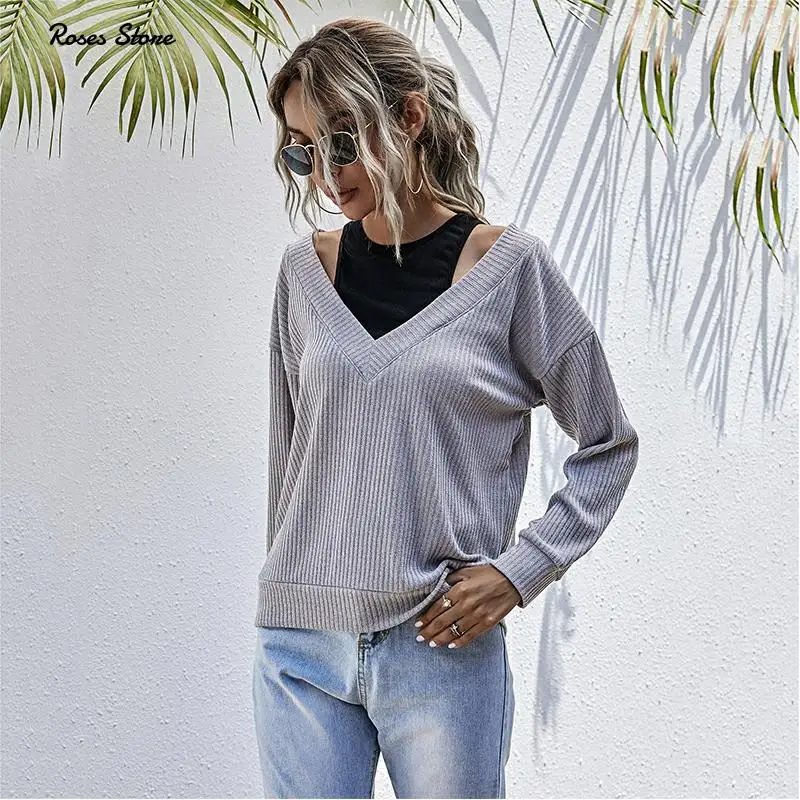 Женский свитер-имитация из двух частей женский джемпер трикотажный топ модная