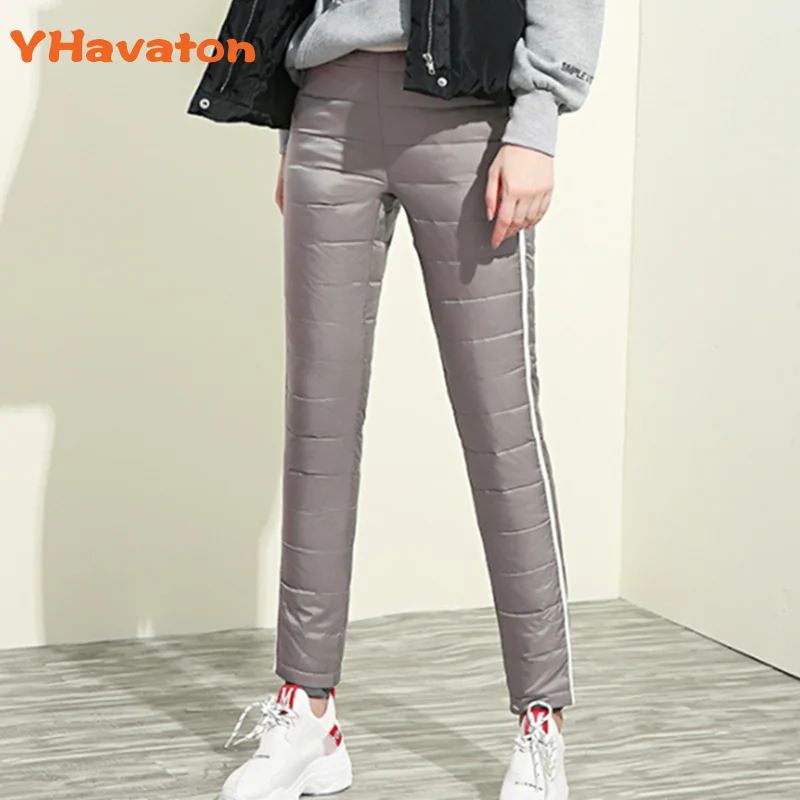 Gray YHavaton S-4XL зимние женские брюки на утином пуху, узкие, с боковыми вставками, зимние теплые брюки, штаны для отдыха, черные, фиолетовые, серые, красные - Цвет: Gray