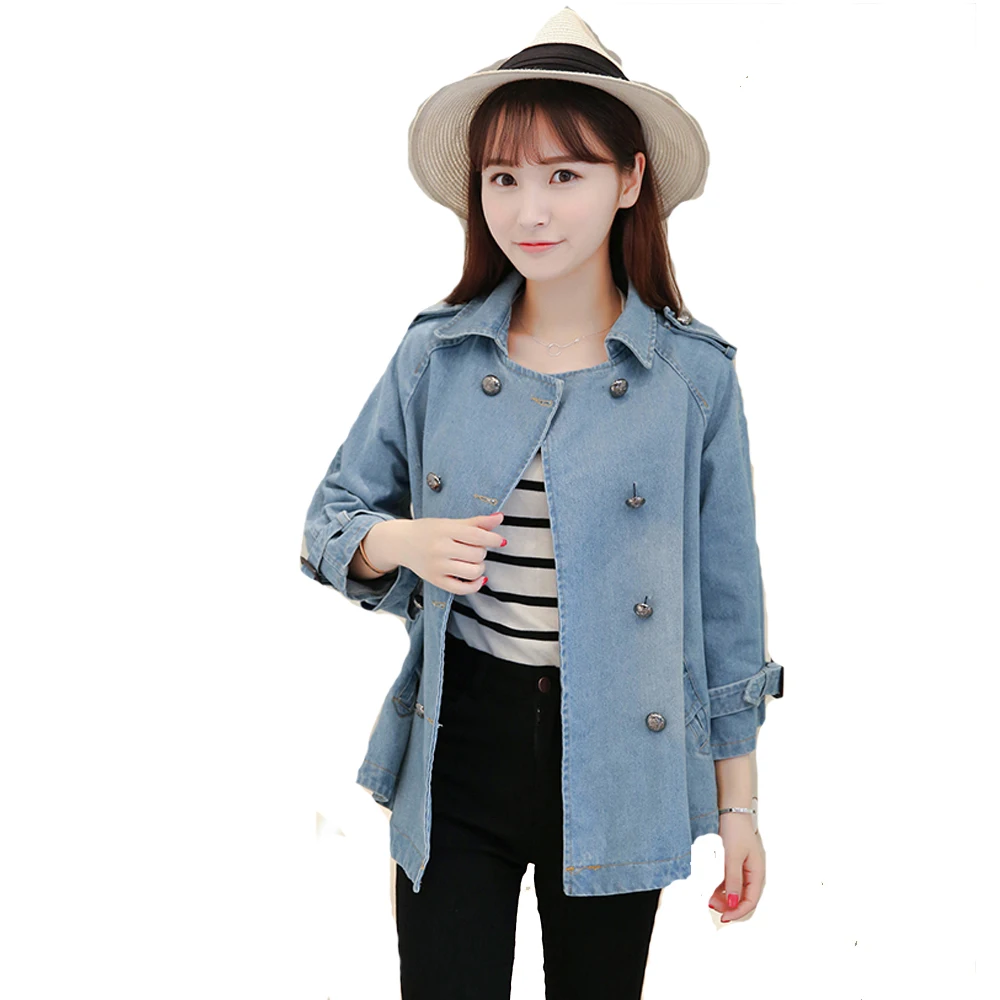 Autumn Winter Women Fashion Long Coat Denim Jacket 3/4 Sleeve Double