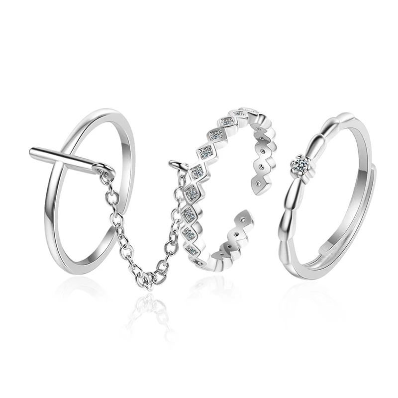 New Fashion 3 Pcs Charm Rings Set For Women Crystal Cross Chain Wedding