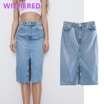 

Dave&Di england high street washed forking high waist straight sexy denim skirt women faldas mujer moda 2020 long skirts womens