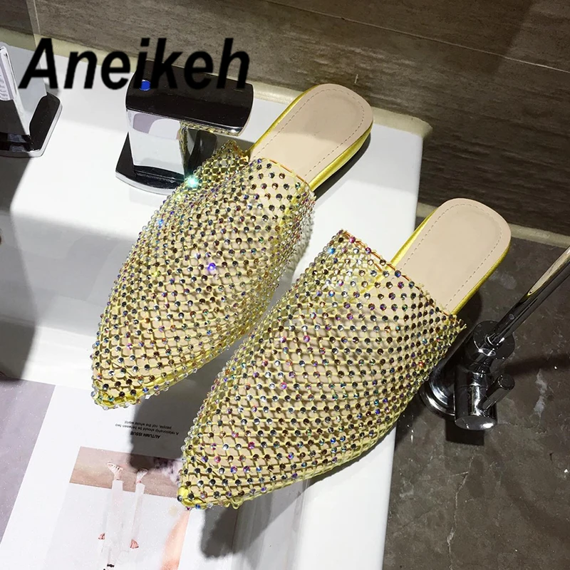 Aneikeh; Новинка; блестящие стразы; женские шлепанцы из ПВХ на плоской подошве с острым носком без шнуровки; Модная элегантная повседневная женская обувь с ремешком на пятке; Mujer