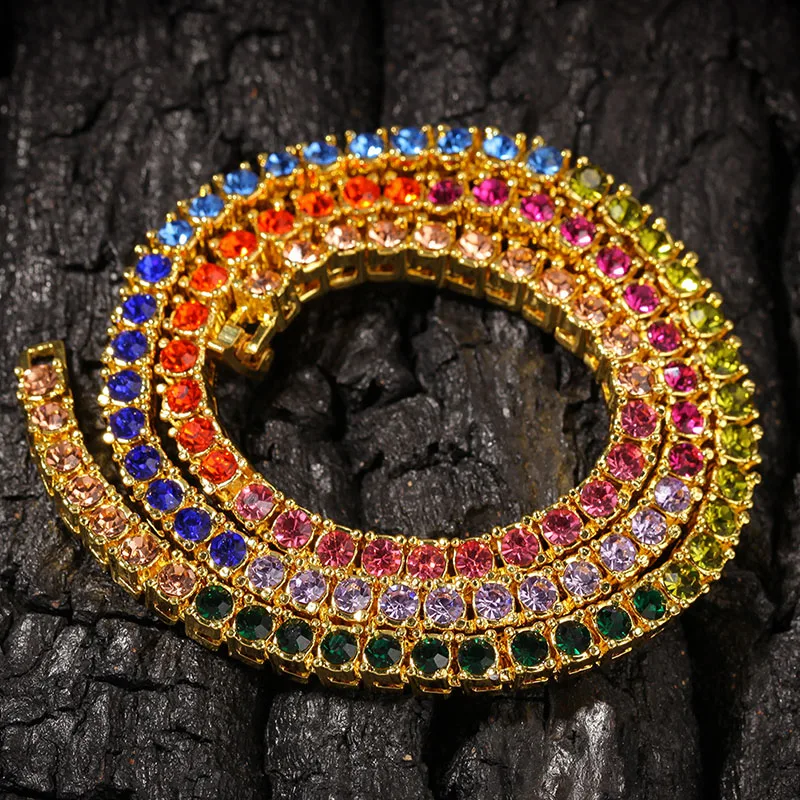 

5MM Hip Hop Bling Ice Out 1 Row Multicolor Rhinestones Tennis Chain Necklace Gold Silver Chokers Necklaces for Men Jewelry