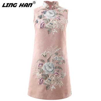 

LINGHAN Designer Autumn Women Luxurious Crystals Pink Mini Dress Elegant Female New Party Sleevless Dresses Female New