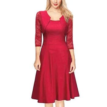 

2019 Autumn New Pattern Woman Office Lady Casual Square Neck Lace Dress