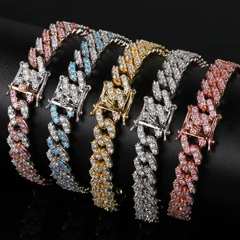 

9mm Cubic Zirconial Cuban Link Bracelet Pink and White Zircon Fashion Iced Out Punk Chain Bling Bling Charms Hip HopJewelry