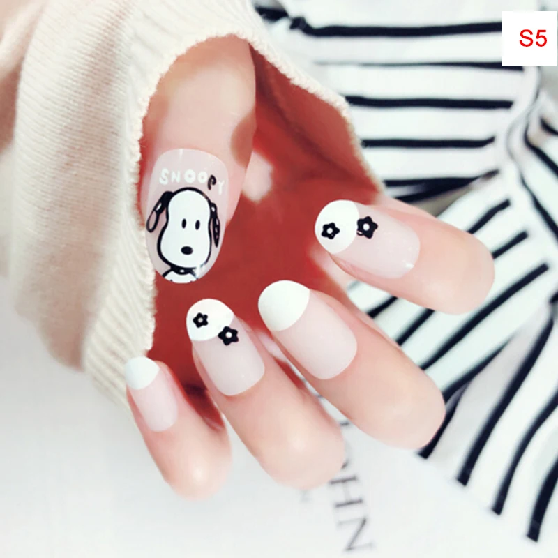 24pcs Green White Little Flower Fake Nail Art Decoration Short Square Head Full Cover False Nails Tips with Glue Sticker file