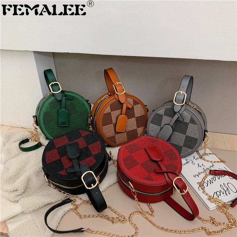 

Famous Circular PU Leather Women Bags Desinger Retro Checkered Handbag Small Round Women Shoulder Bags Mini Rhinestone Tote Bag
