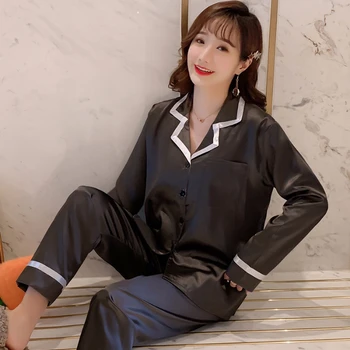 

Pyjama satin femme black 2020 Silk Top Sexy Lingerie Pyjamas Set Women long sleeved Pajama Sets Summer Women soft Sleepwear Set