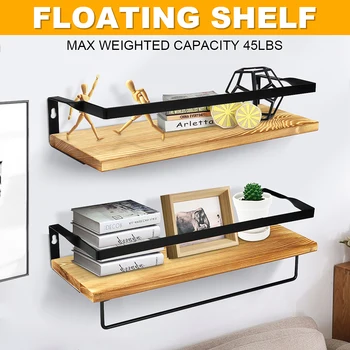 

Wall Decoration Storage Shelf Rack Iron Wooden Wall Shelves Organizador Max Capacity 45lbs Book Holder Home Decor