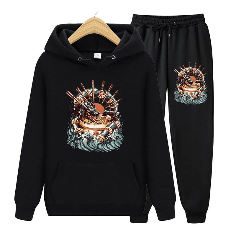 

2021 Women Unisex Couple Fleece Cotton 2 Pieces Sets Casual Tracksuit Big Wave Ramen Pattern Hoodies Sweatshirt Pants Plus Size