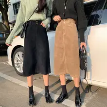 Осень Зима теплые вельветовые юбки ампир Элегантные корейские женские длинные юбки с карманами и высокой талией