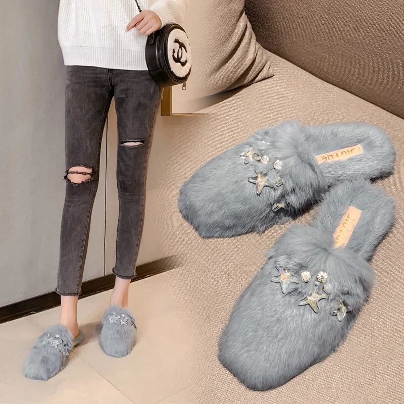 

fur slippers women winter candy color real rabbit hair crystal decoration close toe mules flats non-slip jelly bottom flip flops