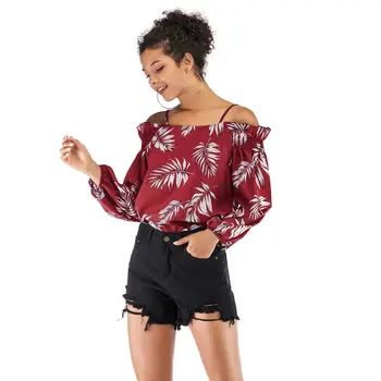 

Print blouse women New Spring Full Sleeve Chiffon Slash neck Spaghetti Strap blusas womens tops and blouses Green Wine Red 5944