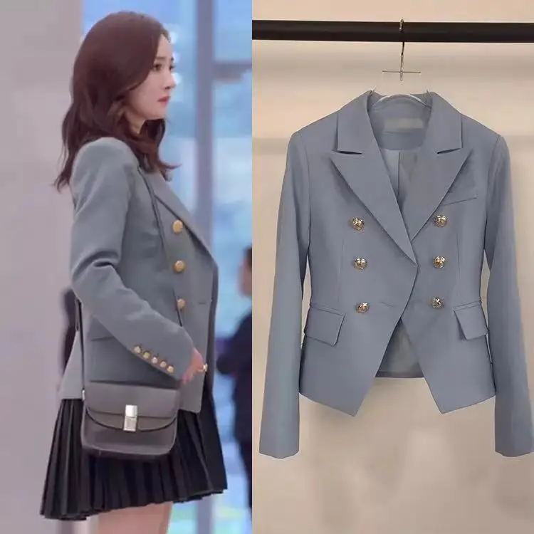 

Small Man's Suit 2019 Both Buckle Short Light Blue Suit Loose Coat Woman