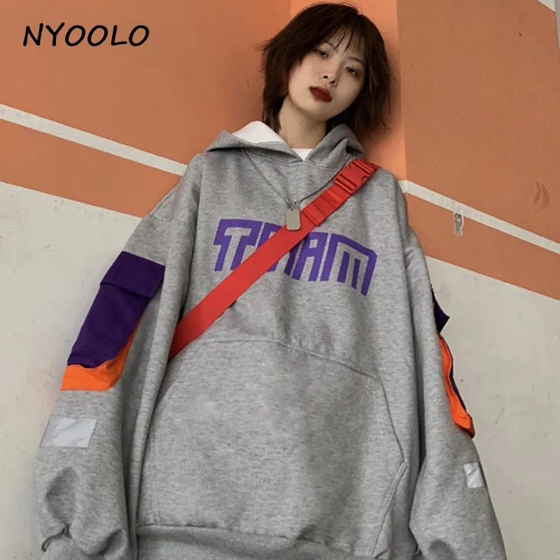 NYOOLO Harajuku дизайн с буквенным принтом большие карманы Лоскутная функция карго толстовки осень зима плюс бархат с капюшоном пуловеры толстовка женская мужская одежда топы