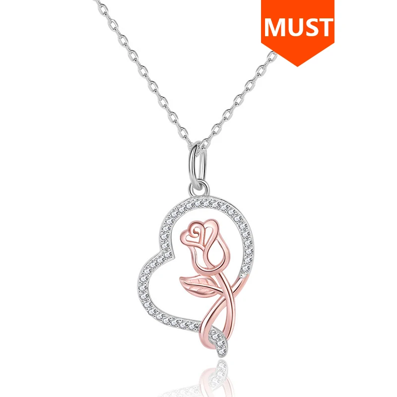 

SG 925 STERLING SILVER Heart Pendant necklaces rose flower chain necklace with cz fashion jewelry for women gifts 2019