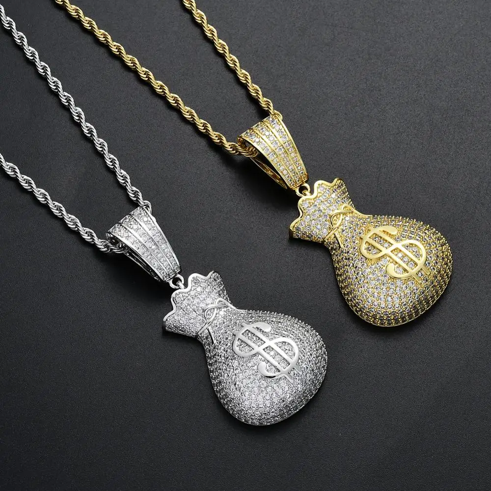

Hip Hop AAA CZ Stone Paved Bling Iced Out US Dollar Money Bag Purse Dollar Pendants Necklace for Men Rapper Jewelry Gold Silver