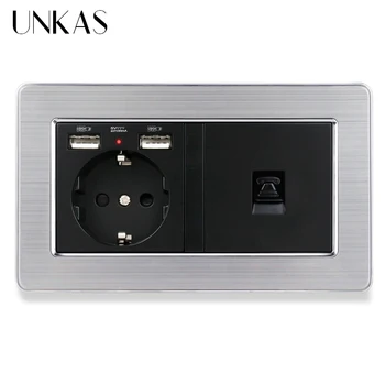 

UNKAS Stainless Steel Panel EU Standard Socket with 2 USB Charge Port +1 Gang RJ11 2 Core Telephone Connector Electric Socket