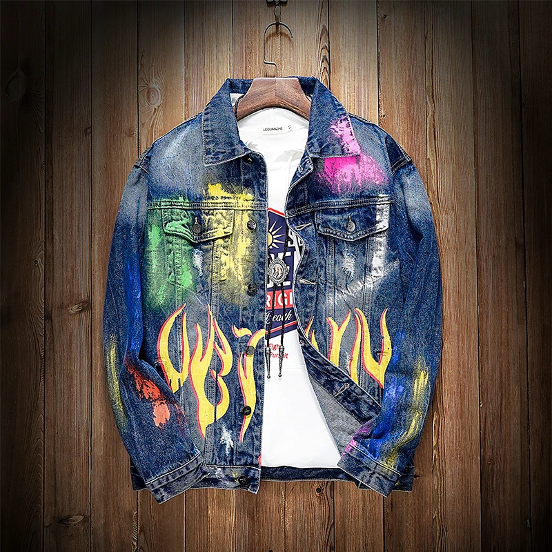 

YASUGUOJI New 2019 Mens Ripped Denim Jacket Punk Winter Jacket Hip Hop Printed Patchwork Hole Jean Jacket Men Denim Jackets