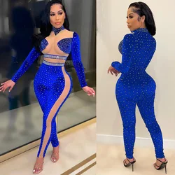 Sexy Women Jumpsuit Sheer Mesh Diamond Full Sleeve Party Night Clubwear Skinny Bodycon Long Romper Women Jumpsuit Overalls