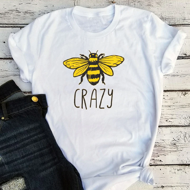 

Bee Crazy Shirt Plus Size Women 2020 Be Happy Print Tshirt Harajuku Queen Bee Letter O-Neck Tops Aesthetic 2020 Fashion